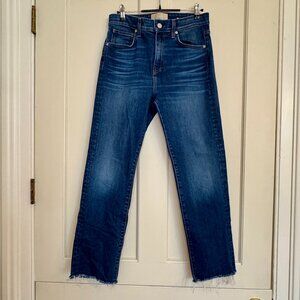 CQY Womens High Rise Straight Leg Blue Jeans Distressed Hem Size 28